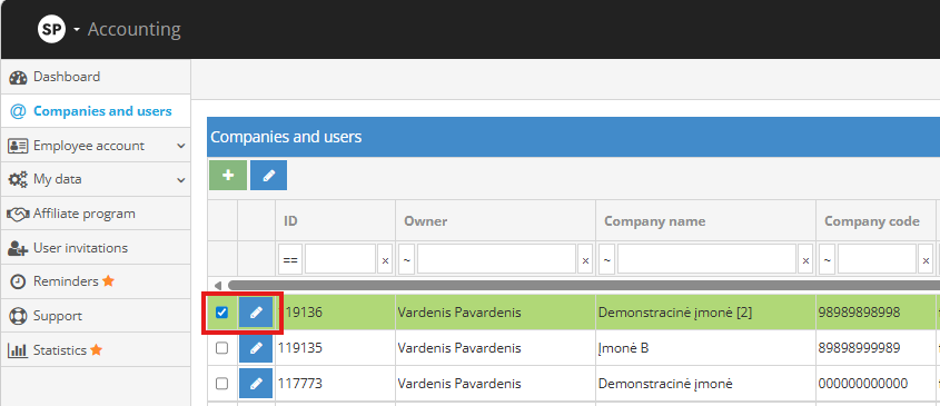 Selecting a company in account settings